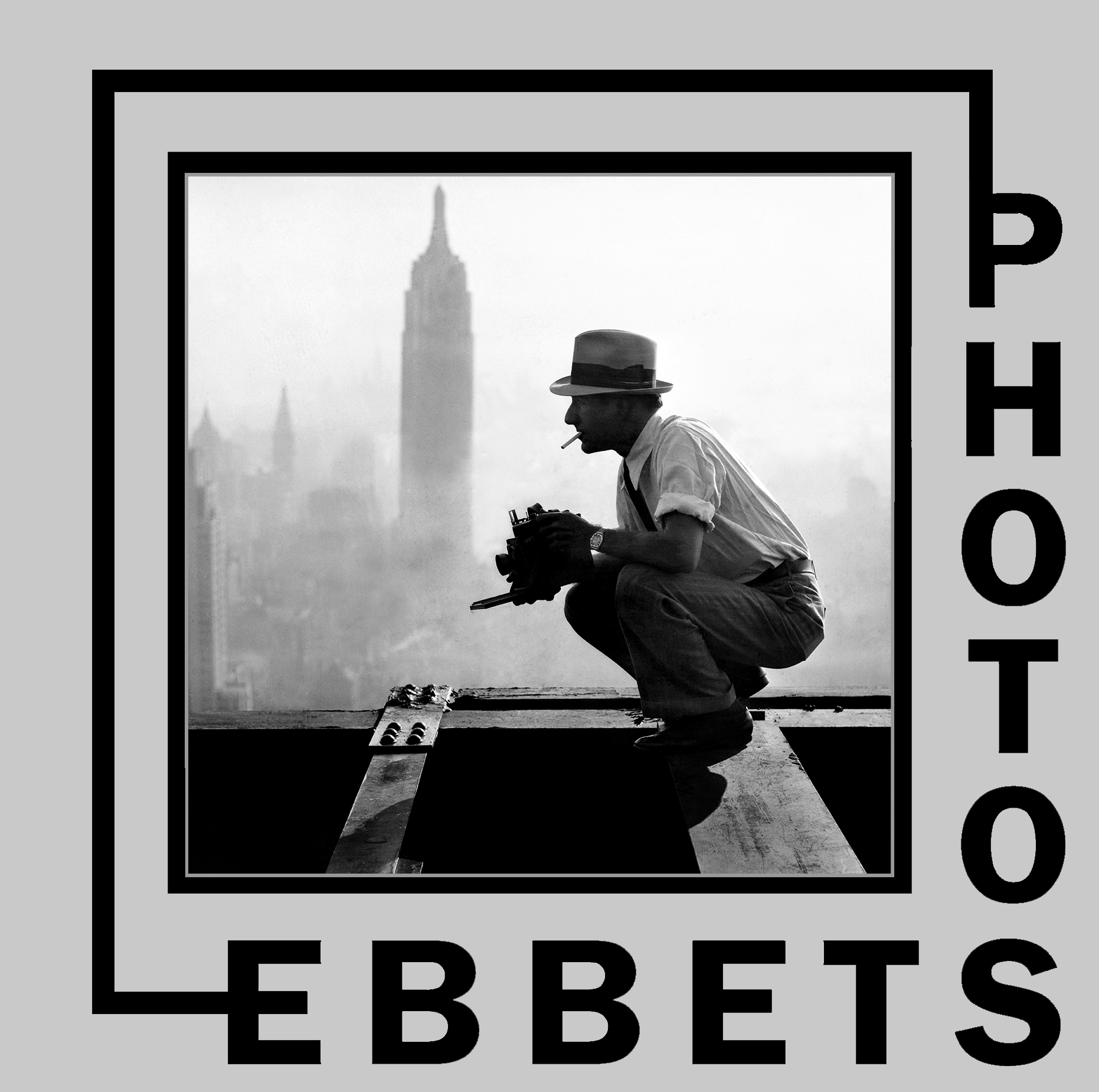 EBBETS PHOTOS logo, 8x8 square black letters and frame, no border
